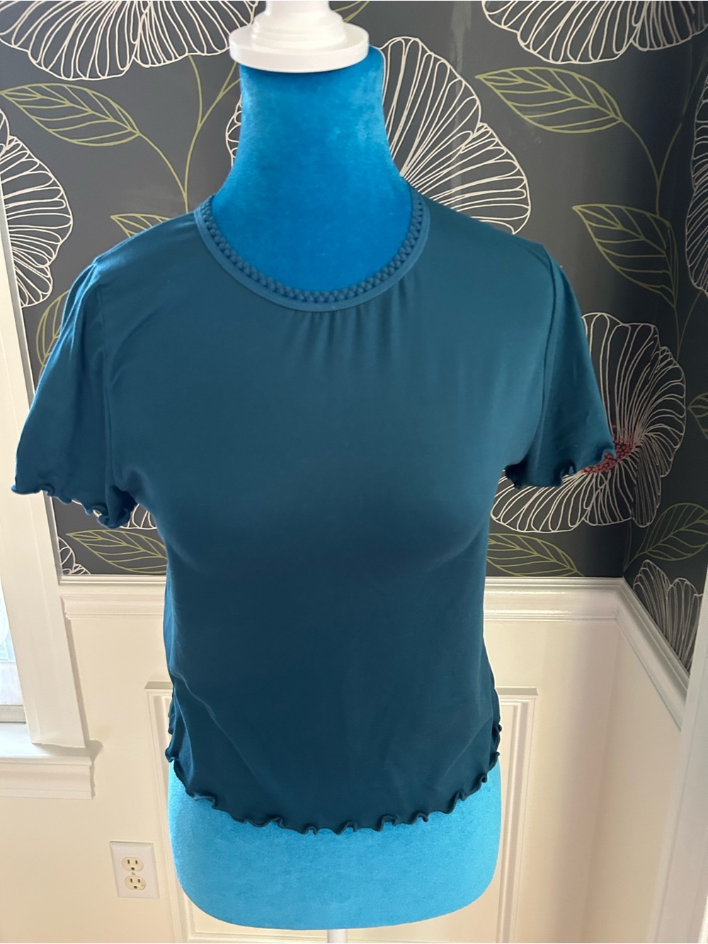 Gaze Teal Short Sleeve Ruffle Hem Top
